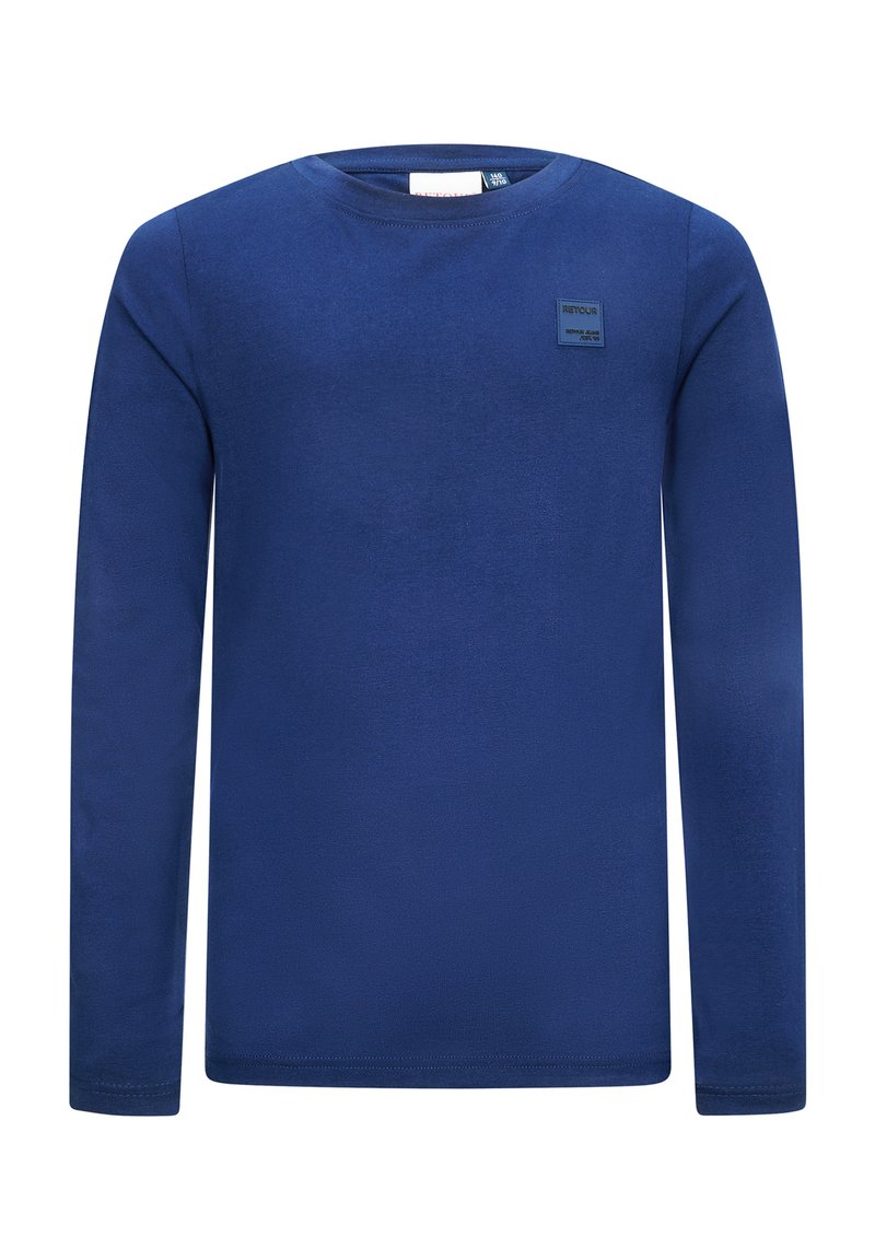 Koszula z długim rękawem w głębokim niebieskim kolorze, z okrągłym dekoltem i małą prostokątną łatą z logo na lewej piersi. Gładka faktura.