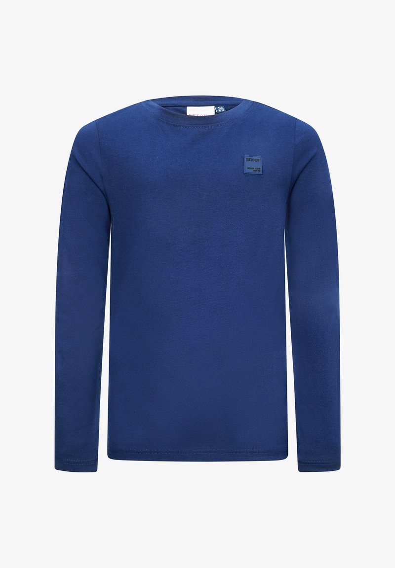 Koszula z długim rękawem w głębokim niebieskim kolorze, z okrągłym dekoltem i małą prostokątną łatą z logo na lewej piersi. Gładka faktura.