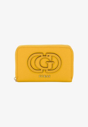 Portafoglio giallo con zip realizzato in materiale sintetico, con logo e lettering impresso. Presenta un design elegante e una superficie liscia.