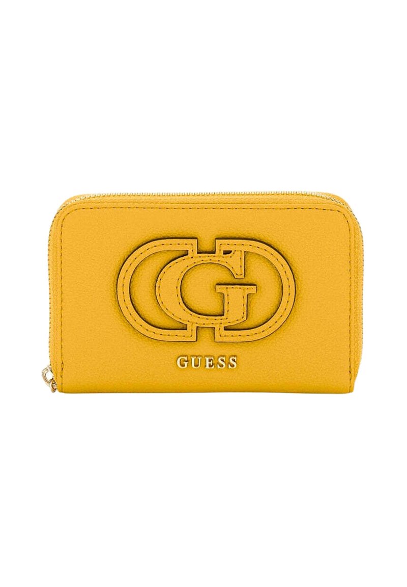 Portafoglio giallo con zip realizzato in materiale sintetico, con logo e lettering impresso. Presenta un design elegante e una superficie liscia.