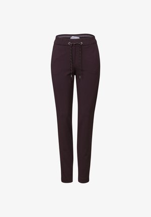 Pantaloni jogger viola realizzati in tessuto morbido, con vita regolabile, vestibilità slim, polsini elasticizzati e tasche laterali per funzionalità.