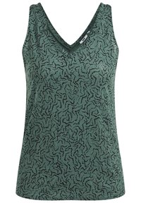 Vihreä hihaton paita, jossa on V-pääntie, teksturoitu kangas mustalla abstraktilla kuviolla. Rentoa ja vartaloa mukailevaa muotoilua.