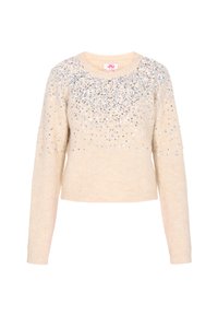 Pulover crem cu mâneci lungi, cu un tricotaj texturat și împodobit cu paiete argintii în zona pieptului.