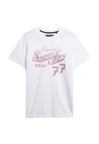 Hvid bomulds t-shirt med et pink grafisk print med teksten "Super Dry," "Original," og "77." T-shirten har korte ærmer og rund halsudskæring.