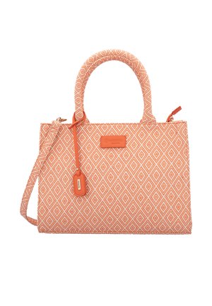 Orange gemustete Handtasche aus strukturiertem Stoff, mit zwei Griffen, einem abnehmbaren Schultergurt und einem Logo-Tag. Diamantmuster über das gesamte Produkt.