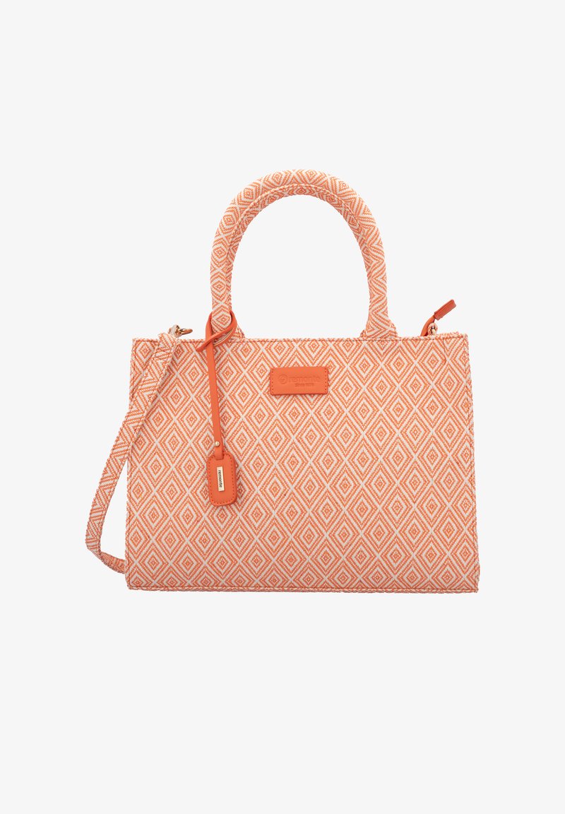 Orange gemustete Handtasche aus strukturiertem Stoff, mit zwei Griffen, einem abnehmbaren Schultergurt und einem Logo-Tag. Diamantmuster über das gesamte Produkt.