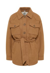 Brun uldblandingsjakke med krave, knaplukning, to brystlommer og belagt talje. Har en blød tekstur og strømlinet design.