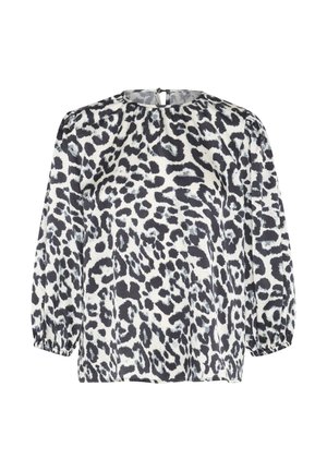 Mustapilkkuinen leopardiprinttipaita, jossa on pyöreä pääntie, pitkät puffihihat ja avainreikäkiinnitys takana.