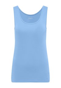 Débardeur pour femme bleu clair sans manches avec encolure arrondie, design uni, et nom de la marque "CECIL" imprimé à l'intérieur du col.