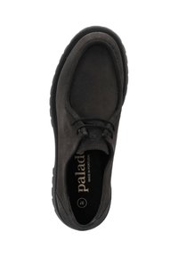 Black suede shoe with a rounded toe, stitched accents, laces, and a textured rubber sole. Features branding on the insole.