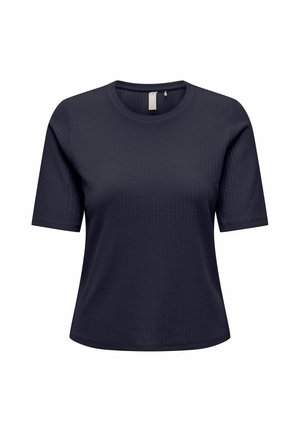 T-shirt da donna blu navy a maniche corte con collo rotondo, tessuto strutturato, orlo dritto e senza loghi o motivi visibili.