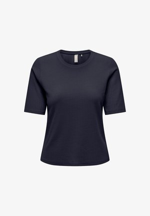 T-shirt femme bleu marine à manches courtes, col rond texturé, ourlet droit sans logos ni motifs visibles.