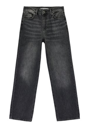 Zwart denim jeans met wijde pijpen, voorzakken en muntzakje, knoopsluiting en vervaagde details op de dijen.
