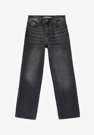 Jean denim noir à jambes larges avec poches avant et poche monnaie, fermeture par bouton, et détails délavés sur les cuisses.