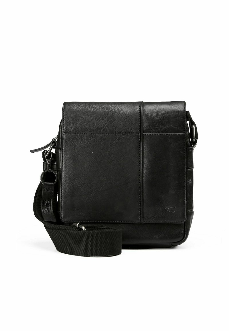 Borsa a messenger in pelle nera con tracolla in tessuto regolabile, dotata di chiusura con zip e due tasche frontali con dettagli cuciti.