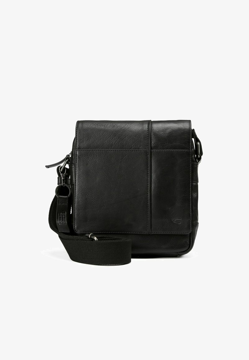 Borsa a messenger in pelle nera con tracolla in tessuto regolabile, dotata di chiusura con zip e due tasche frontali con dettagli cuciti.