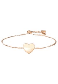 Rose gold bracelet featuring a polished heart-shaped charm, with a delicate chain and adjustable closure for a customizable fit.
