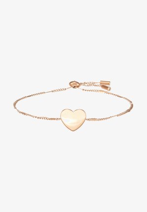 Rose gold bracelet featuring a polished heart-shaped charm, with a delicate chain and adjustable closure for a customizable fit.
