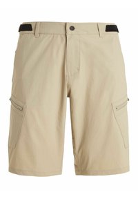 Beige cargo shorts gemaakt van lichtgewicht stof, met twee zijzakken, een met rits gesloten zak, en een verstelbare tailleband met klittenbandsluiting.