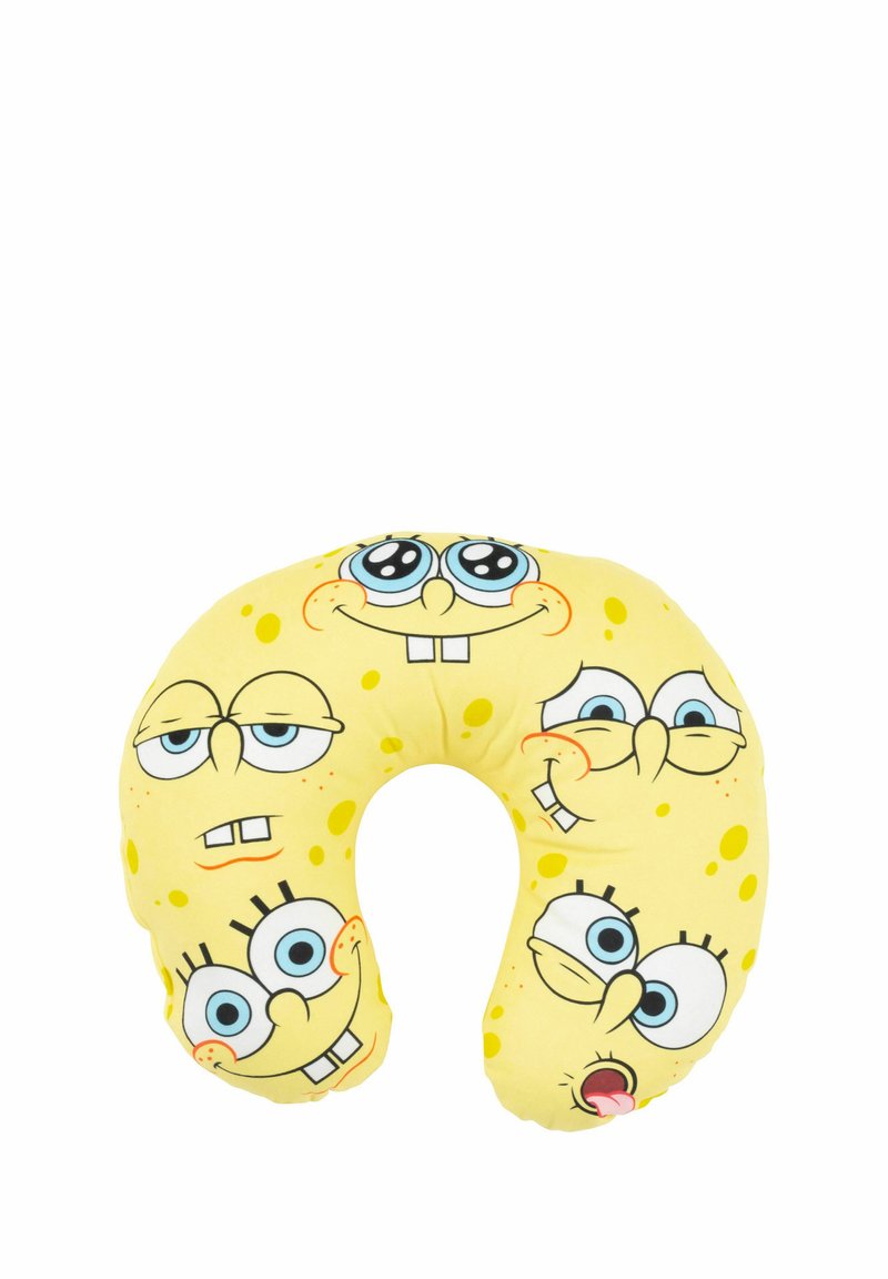 Cuscino da viaggio giallo a forma di collo con varie espressioni facciali di un personaggio dei cartoni animati, con contorni neri e una superficie morbida e soffice.
