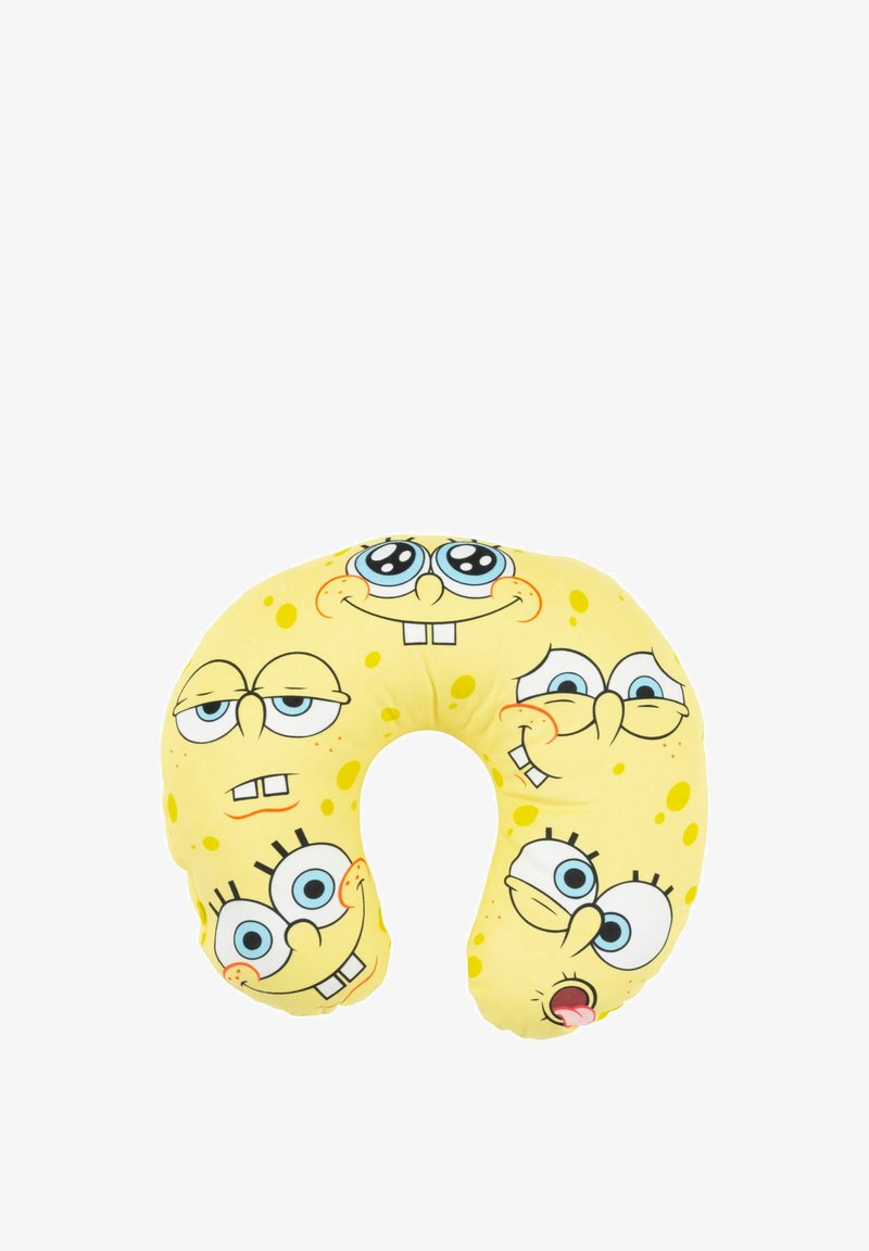 Cuscino da viaggio giallo a forma di collo con varie espressioni facciali di un personaggio dei cartoni animati, con contorni neri e una superficie morbida e soffice.