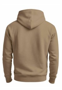 Plain light brown hooded sweatshirt shown from the back with long sleeves and ribbed cuffs and hem.
