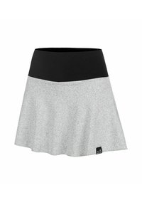 Falda acampanada gris confeccionada en una suave tela, presenta una cinturilla elástica negra y una pequeña etiqueta con logo en el lado inferior derecho para darle un detalle.