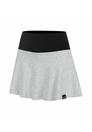 Grauer, ausgestellter Rock aus weichem Material, mit einem schwarzen elastischen Bund und einem kleinen Logo-Tag auf der unteren rechten Seite für Details.
