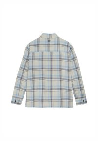 Koszula w kratę w jasnym kremowym kolorze, z niebieskimi i brązowymi kratkami, długimi rękawami, mankietami na guziki i kołnierzykiem zapinanym. Widoczna metka marki wewnątrz.
