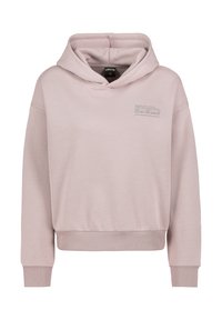 Helles rosa Hoodie mit Vordertasche und kleinem, bedrucktem motivierendem Text auf der oberen linken Brust, gerippte Bündchen und Saum.