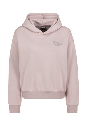 Helles rosa Hoodie mit Vordertasche und kleinem, bedrucktem motivierendem Text auf der oberen linken Brust, gerippte Bündchen und Saum.
