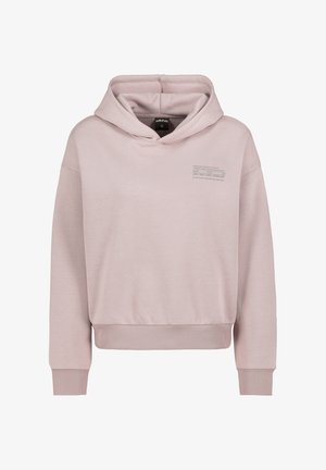 Helles rosa Hoodie mit Vordertasche und kleinem, bedrucktem motivierendem Text auf der oberen linken Brust, gerippte Bündchen und Saum.