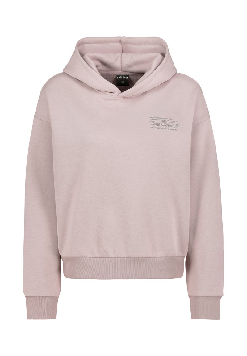 Helles rosa Hoodie mit Vordertasche und kleinem, bedrucktem motivierendem Text auf der oberen linken Brust, gerippte Bündchen und Saum.