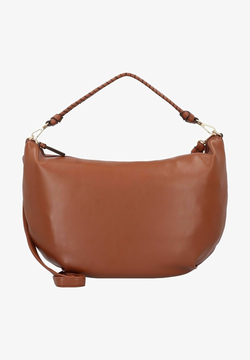 Sac à bandoulière en cuir marron de forme arrondie, avec une anse tressée et des pièces métalliques dorées. Dispose d'une bandoulière amovible pour plus de polyvalence.