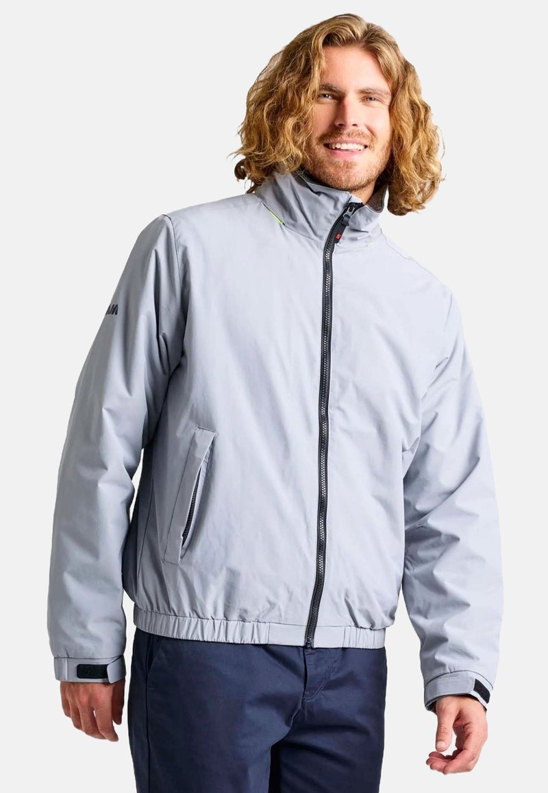 Hellgraue Bomberjacke aus synthetischem Material, mit einem Frontreißverschluss, hohem Kragen, Seitentaschen und elastischen Bündchen.