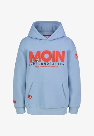 Light blue hoodie with red text "MOIN," black text "IHR LANDRATTEN," a seagull graphic, and "MEIN ZUHAUSE IST AM MEER" in red below.
