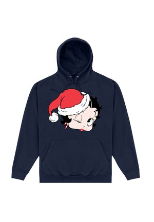 Granatowy hoodie z grafiką przedstawiającą twarz postaci z kreskówki w czerwonej czapce świętego Mikołaja, z czarnymi włosami i zielonymi oczami, oraz detalem w postaci laski cukrowej.