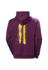 Sudadera morada con un estampado gráfico amarillo en la parte posterior. Cuenta con capucha ajustable y un corte holgado. La tela parece suave y con textura.