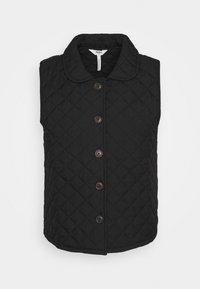Gilet trapuntato nero con colletto arrotondato, dotato di chiusura frontale con bottoni e cinque bottoni marroni. Design semplice con una superficie liscia.