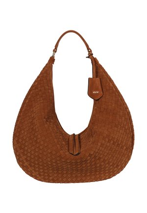 Brown suede hobo bag with woven texture, rounded shape, and a long handle. Features a subtle logo tag and a zip closure at the top.