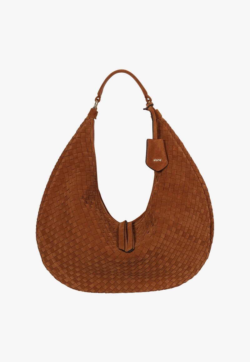Brown suede hobo bag with woven texture, rounded shape, and a long handle. Features a subtle logo tag and a zip closure at the top.
