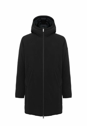 Černá parka s polstrovanou kapucí, zipem po celé délce, bočními kapsami a hladkou texturou. Jednoduchý, současný design s minimalistickým stylem.