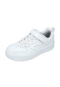 Zapatillas deportivas blancas con parte superior de cuero liso, que presentan un sistema de cordones y una correa de Velcro, puntera redonda y suela de goma texturizada.
