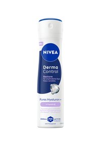 NIVEA Derma Control anti-transpirant in a white plastic bottle, features blue accents, text indicating pH level, and claims 72-hour protection.
