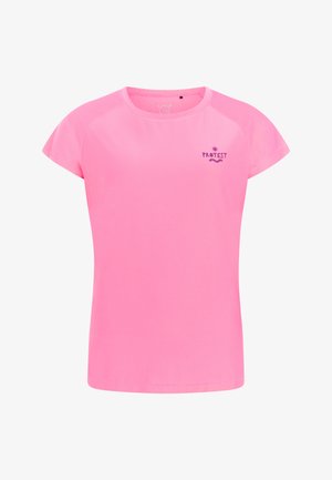 Roze atletisch shirt met korte mouwen, ronde hals en klein "PROTEST" logo met zon- en golfontwerp op de linkerborst.
