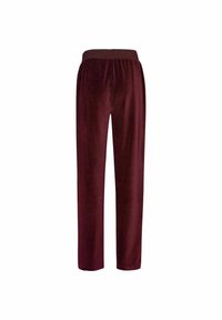 Burgundowe spodnie welurowe z elastycznym paskiem w talii, zwężające się w dół, o gładkiej fakturze i jednolitym kolorze. Brak widocznych wzorów lub akcentów.