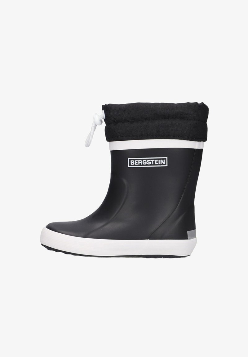Black Bergstein rubber rain boot with white sole and adjustable fabric cuff at the top for children.