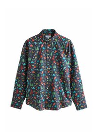 Koszula z zapinanym kołnierzykiem, w ciemnogranatowym tle z kolorowym wzorem przedstawiającym drzewa, prezenty i zimowe akcesoria. Długie rękawy i klasyczny kołnierz.