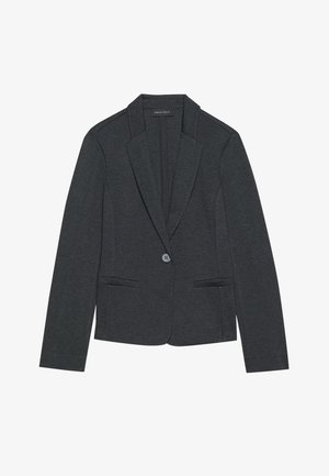 Blazer grigio scuro realizzato in tessuto strutturato. Presenta rever a punta, chiusura con un solo bottone e due tasche anteriori. Design su misura.