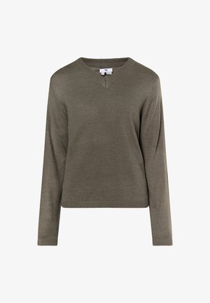 Olive roheline kootud sviiter pikade varrukatega, V-kaelusega ja soonikkoes äärega. Materjal näib olevat pehme, sileda tekstuuriga ja kerge disainiga.